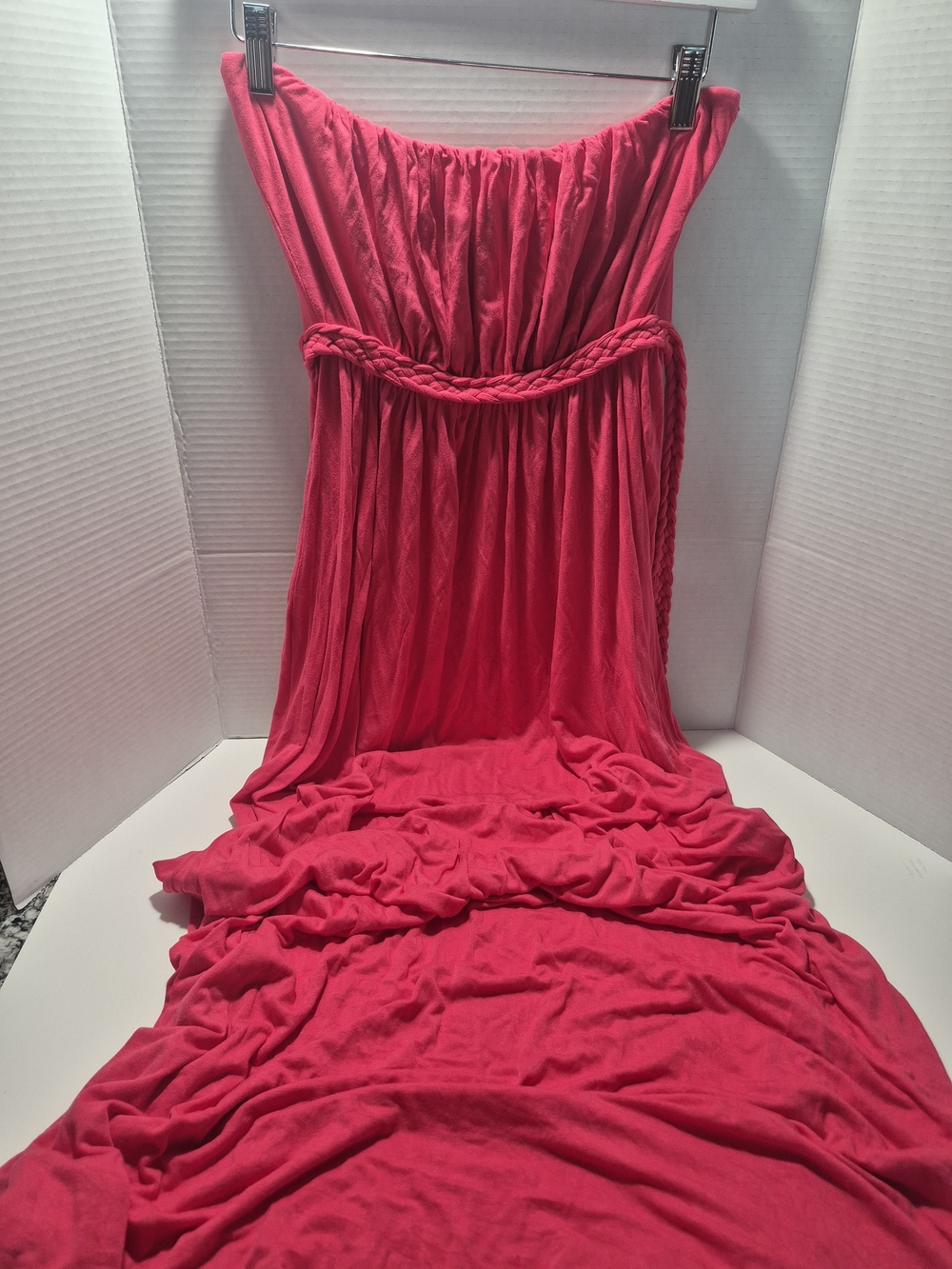 Strapless Bra-Lined Maxi Dress with Braided Belt — Vibrant Pink